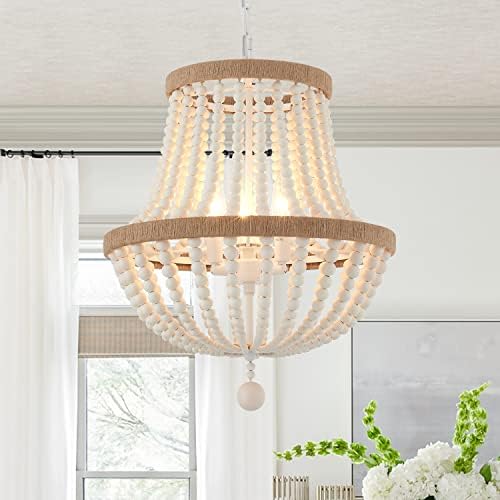 3-Light Boho Chandelier Farmhouse, Wood Bead Pendant Light, Antiq...