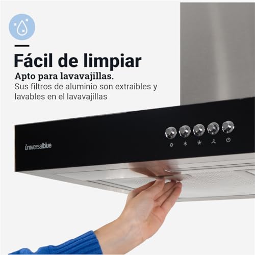 UNIVERSALBLUE Campana Extractora Decorativa En T 60 cm | Extractor Aire y Humo Eléctrico para Cocina en Cristal Negro y Acero Inoxidable | Potente 650 m³/h | Clase A | Filtro Carbono Incluidos - imagen 5