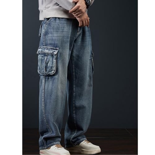 Men Loose Cargo Jean with Multi Pockets Straight Wide Leg Jean Casual Baggy Pants 28-442