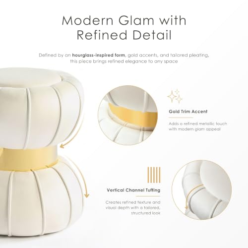 Furniture of America Magnus Modern 17-inch Upholstered Ottoman with Hourglass Shape and Stainless Steel Gold Trim, Vanity Stool Chair, Small Foot Stool for Bedroom, Living Room, Entryway, White by Furniture of America - Used condition - Image 3