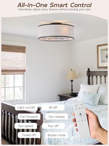 Image of 20 inch Black Low Profile Ceiling Fans with Lights, Boho Flush Mount Ceiling Fan with Light and Remote, Rattan with 6 Speeds for Bedroom, Nursery, Living Room