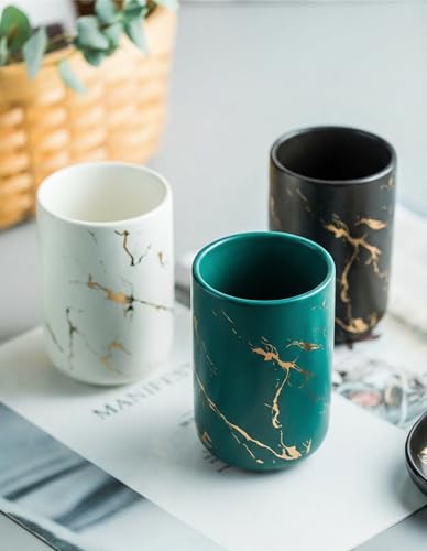 Image of Ceramic Bath Accessories Set of 3 (Luxe White) - 400ml Soap Dispenser, Tumbler & Soap Dish, White with Gold Marble Design, Bathroom Countertop Organizer for washbasin