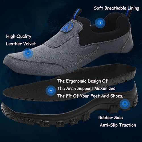 Tokouk Men's Leather Comfortable and Breathable Orthopedic Hiking Shoes, Casual and Lightweight Slip-On Walking Boat Shoes, Outdoor Non-Slip Sneakers.4