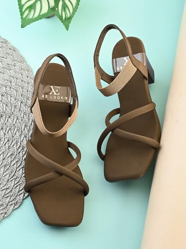 Image of XE Looks Women's Stylish Block Heels | Open-Toe Sandals with Elastic Support | Anti-Skid Sole & Cushioned Footbed Block Heels For Girls