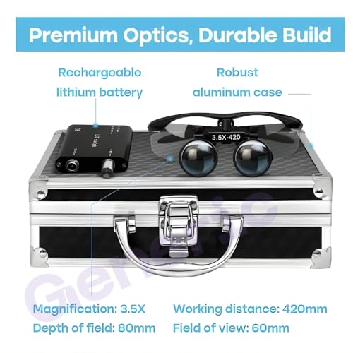 Image of Dental Surgical Working Distance Optical Binocular Glass Loupes with led Head Light & Battery in Filter Aluminum Box Style (Silver) (Magnification: 3.5 X4.20mm)