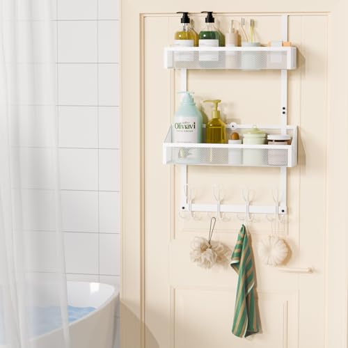 Hocookeeper Over The Door Organizer, Over The Door Hooks & Baskets - 12 Hooks & 2 Mesh Baskets Back of Door Storage Organizer for Bathroom, Kitchen, Bedroom (White) thumbnail 2