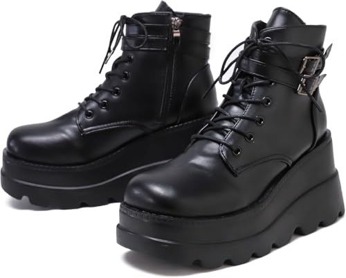 Image of Womens Goth Platform Boots Chunky High Heel Booties Round Toe Combat Ankle Boots Womens Lace Up Motorcycle Wedges Shoes