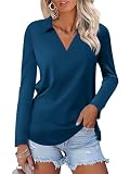 TICTICMISS Women's Long Sleeve Shirts V Neck Tunic Tops Dressy Casual Basic Tees Blouse Loose Collar Polos A-navy Blue