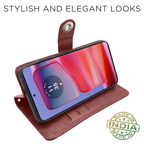 Image of Pikkme Moto Edge 50 Pro 5G Flip Cover Leather Finish | Inside TPU with Card Pockets | Wallet Stand and Shock Proof | Complete Protection Button Flip Case (Brown)