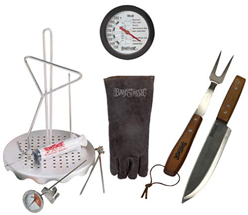Enterprises Turkey Chicken Poultry Rack Complete Ultimate Accessory Kit for Deep Frying Includes Rack Injector Hook Glove Thermometer Fork and Knife