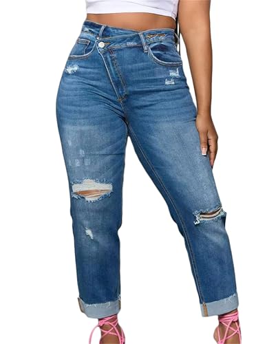 Women's Jeans High Waisted Ripped Stretchy Pants Classic Distressed Jeans Diagonal Zipper Jeans3
