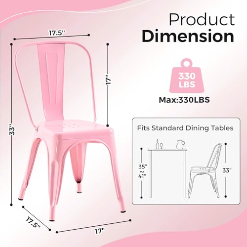 Image of Metal Dining Chairs with Backrest, Stackable, Pink, 4 Pack | Easy Assembly, Non-Slip Feet, 330 lb Capacity, Kitchen, Restaurant, Cafe, Pub, Covered Patio