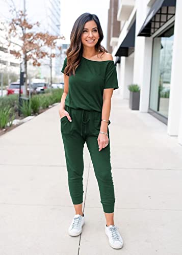 Image of PRETTYGARDEN Jumpsuits for Women Summer Off Shoulder Romper | Short Sleeve Drawstring Waist, Jogger Jumpers with Pockets, One Piece Spring Break Outfits, Vacation Travel Lounge Clothes