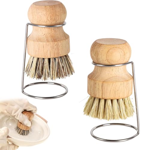 Bamboo Palm Brush 2 PCS Bamboo Dish Pot Pan Brushes Set Palm Dish Brush Scrub Brush with 2 Drain Racks for Fish Pots Pans Kitchen Sink Cleaning