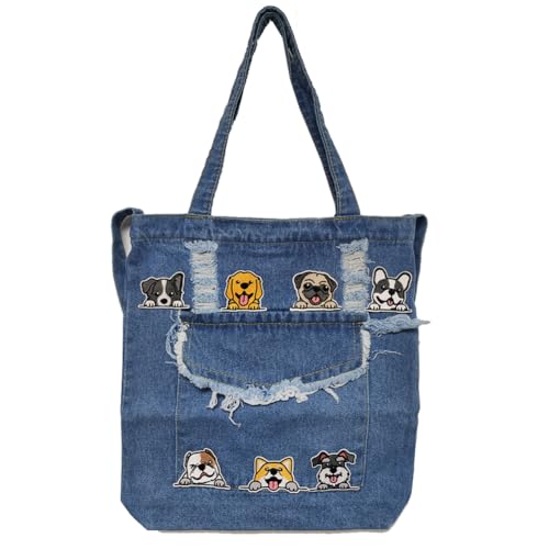 Image of Farm4Far Denim Large Distressed Cute Dog Tote Shoulder Sling Crossbody Bags