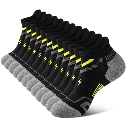 SukModen Ankle Running Socks for Men Performance Anti-Blister Mens Trainer Socks Moisture Wicking Sports Cotton Sock for Gym Walking Cycling and Daily 6 Pairs Black & Yellow 9-12