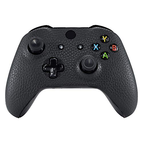 Image of eXtremeRate Black Premium Textured PU Leather Top Shell Front Housing Faceplate Replacement Parts with Side Rails Panel for Xbox One X & One S Controller (Model 1708)