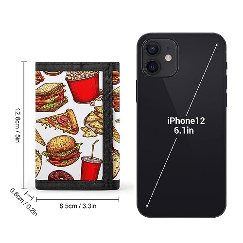 Burger, Hot Dog Pizza Slices Hamburger Sandwich Soda Donut on White Trifold Wallet, Stylish Purse With Keychain, Credit Pass Case Card-Holder for Crash Bills Receipts Women Men 5 x 3.3 x 0.2 Inch2
