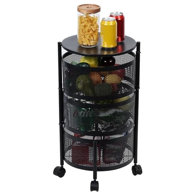 Rotating Fruit Basket, 3/4/5-Tier Sturdy Kitchen Storage Rack Shelf Carts Large Storage Rack with 360 Degree Wheels for Fruit Vegetable Grocery Corns Potato Onion (5-Tier, Black) Black Trip-scYWgzyc
