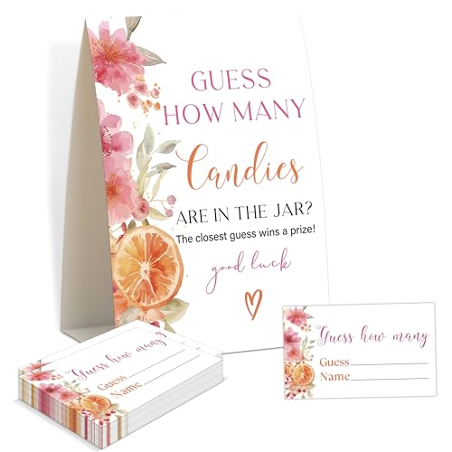Baby Shower Games - Citrus Oranges Guess How Many Candies Are in the Jar Game, 1 Sign and 50 Guessing Cards, Gender Reveal Game, Floral Citrus Baby Shower Decoration Supplies (KA07)