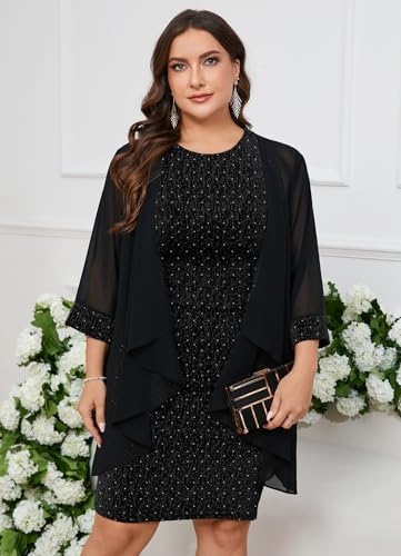 Image of ZOMVA Plus Size Sparkly Formal Dress Suit 2 Piece Mother of The Bride Groom Chiffon Jacket Outfit Cocktail Evening