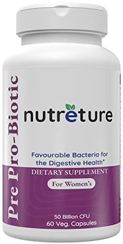 NUTRETURE Prebiotics & Probiotics for Women - Organic Prebiotics, 50 Billion CFU, D-Mannose & Cranberry for Digestive, Immune, Feminine Health, Soy & Dairy Free, 60 Vegan Capsules