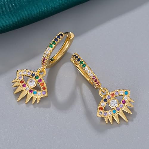 Evil Eye Dangle Hoop Earrings, Gold-Plated with Rainbow CZ Crystals, Fashion Drop Earrings3