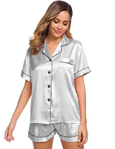 Image of SWOMOG Womens Silk Satin Pajamas Set Short Sleeve Sleepwear Button Down Top and Shorts Loungewear 2 Piece Pjs Set XS-3XL
