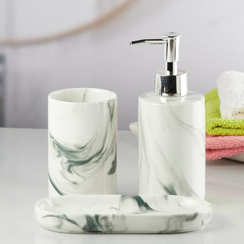 Image of SaSaSa Ceramic Bathroom Set of 3 Modern Bath Accessories Kit with Soap Dispenser, Toothbrush Holder & Dish - Stylish & Elegant Bathroom Decor, White /Black (7647)