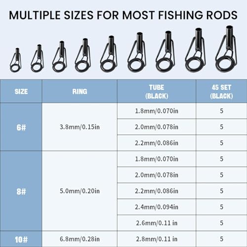 Image of 9KM DWLIFE Fishing Rod Tip Repair Kit, Black Stainless Steel, Wear Resistant Ceramic Ring, Guide Replacement 25 /35 /45 /60 /65pcs