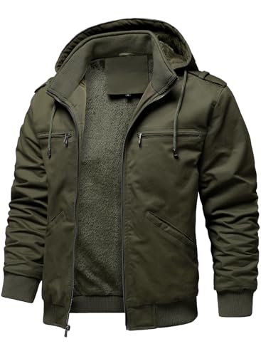 HOOD CREW Winterjacken für Herren Warme Fleecejacke Baumwolle Mantel mit Kapuze Übergangsjacke Militär Cargojacke mit Taschen Armeegrün L