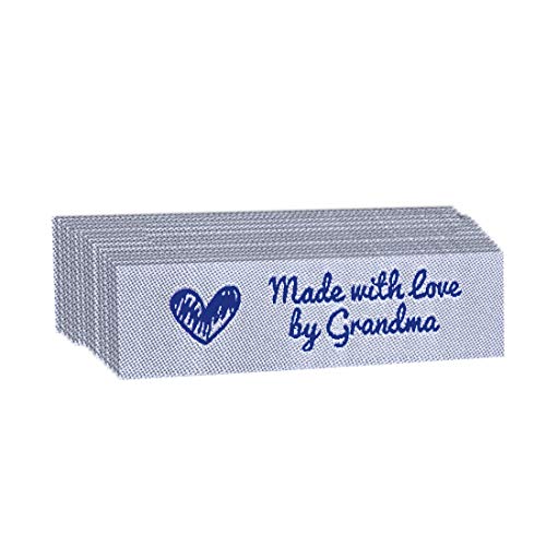Wunderlabel Made with Love by Grandma Grandmother Woven Ribbon Clothing Clothes Garment Fashion Embroidered Heart Symbol Iron On Fabric Craft Rectangle Tags, Blue on White, 25 Labels - Thumbnail 2