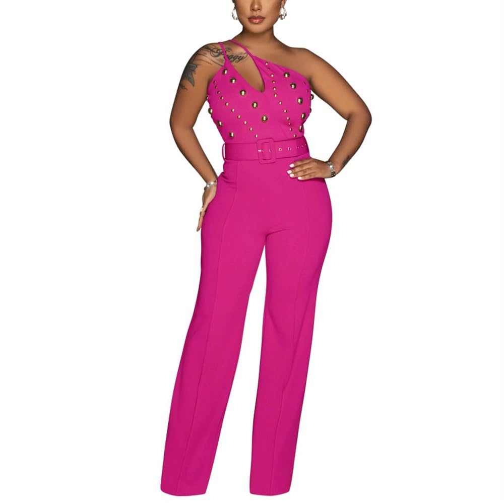 Damskie Seksowne Kombinezony Bez Rękawów Na Jedno Ramię Stylowe Pajacyki Z Paskiem I Pajacykami Z Wysokim Stanem, Szerokie Nogawki, Długie Spodnie Przebrania (Color : Rose red, Size : L)