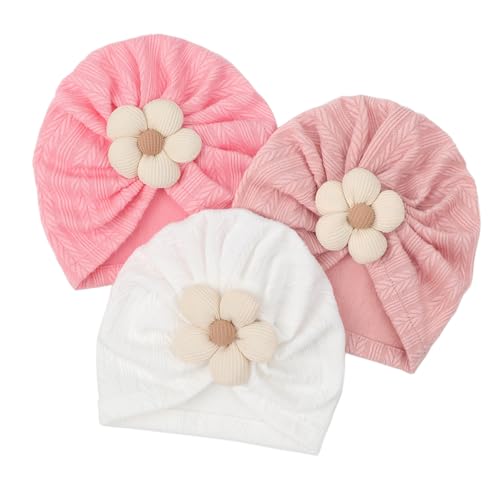 Image of DRESHOW BQUBO 3 Pieces Newborn Baby Turban Hats Flower Baby Infant Beanie Breathable Toddler Cap for Baby Girls 3-12 Months