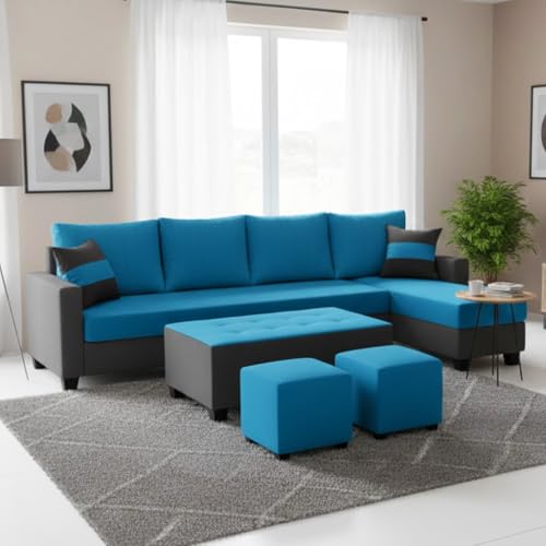 Image of FURNY Avenue 8 Seater Fabric RHS L Shape Sofa Set with 1 Centre Table & 2 Puffy (Aqua Blue-Dark Grey) Premium Velvet Finish