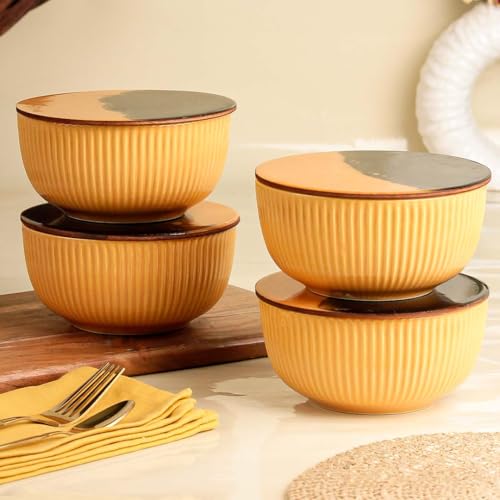 Image of The Earth Store Yellow Fringe Ceramic Bowl with Lid Set of 4, 550ML | Multipurpose Uses Coaster /Lid | Dishwasher & Microwave Safe Bowl | Ideal for Rice, Dal, Fruits, Salad, Snack, Mixing Bowl