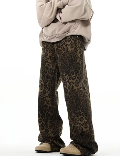 COOLMONAR Women's Y2K Leopard Print Jeans Chic Street Style Wide Leg Denim Pants Retro Hip Hop Loose Trouser3