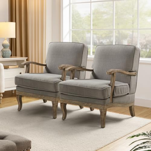 HULALA HOME Mid-Century Modern Accent Chairs Set of 2, Upholstered Lounge Arm Chair with Solid Wood Legs and Armrest, Removable Cushion Comfy Reading Armchair for Living Room, Bedroom, Balcony, Grey
