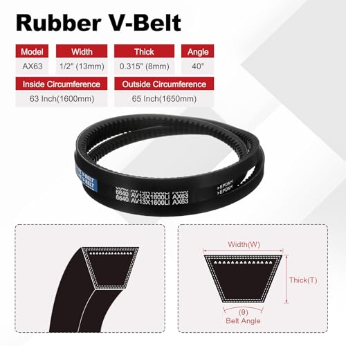Image of AX63 Belt, Raw Edge Cogged Industrial Rubber EPDM V-Belt, Pack of 1 | 1 /2 inch(13mm) Width x 63 inch(1600mm) Inside Circumference x 5 /16 inch(8mm) Height