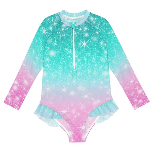 Glitter Teal Pink Girls Long Sleeve One-Piece Swimsuit UV Protection Swimwear Bathing Suit 20862036