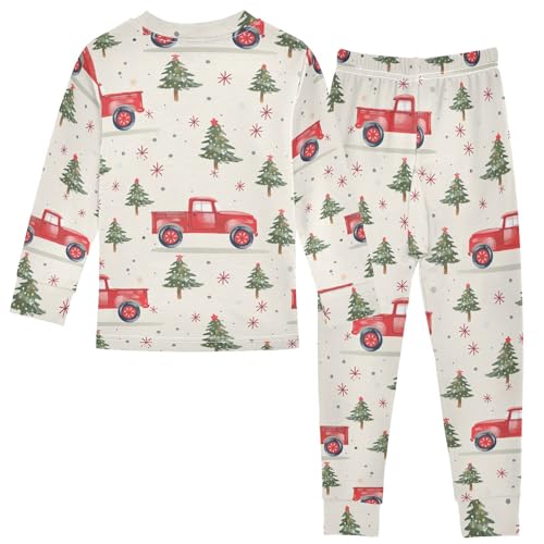 Fustylead Hand Draw Xmas Tree and Retro Red Truck Cotton Pajamas, Snug Fit Long Sleeve Soft Sleepwear Pjs2