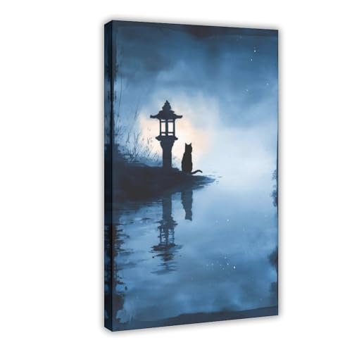 Poster minimaliste japonais brisant le stress : décoration zen murale avec lanterne bleue