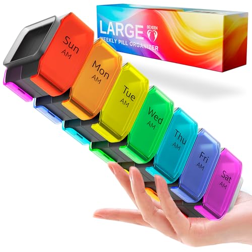 Extra Large Pill Organizer 2 Times a Day XL Pill Box 7 Day with Big AM/PM Compartments Fits Large Vitamins Supplements & Gummies for 7 or 14-Day Use Color-Coded Senior-Friendly No Spills