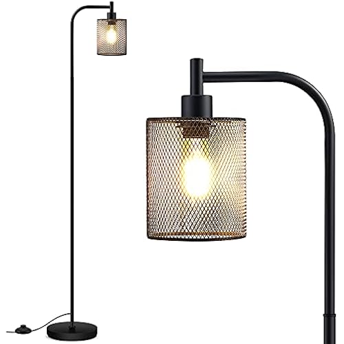 BoostArea Industrial Floor Lamp, Standing Lamp with Hanging Iron Mesh Lamp Shade, 6W LED Bulb, Whole Metal Farmhouse Floor Lamp with Foot Switch, Rustic Floor Lamps for Living Room Bedroom, Black