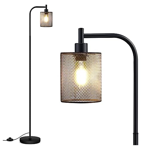 BoostArea Industrial Floor Lamp, Standing Lamp with Hanging Iron Mesh Lamp Shade, 6W LED Bulb, Whole Metal Farmhouse Floor Lamp with Foot Switch, Rustic Floor Lamps for Living Room Bedroom, Black