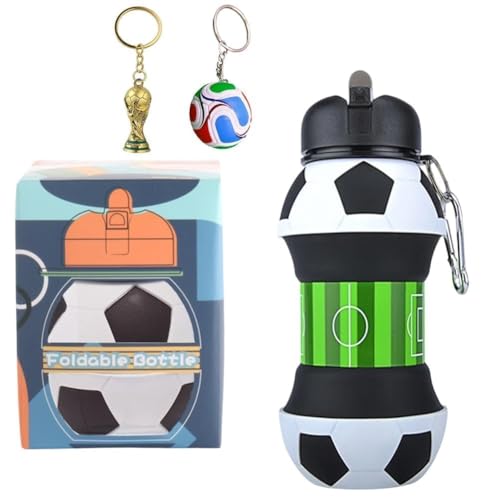 GVMJHYK Botella de agua plegable de silicona de fútbol 550 ml, a prueba de fugas y caídas con llavero, sin BPA, portátil para deporte, viaje, colegio, regalo para niños y adultos