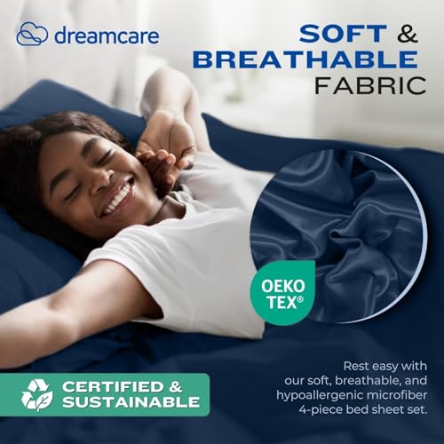 Image of DREAMCARE King Size Sheets Set - 4 pcs Breathable Cooling Sheets - up to 15 inch Deep Pocket King Sheet Set with Side Pockets - Extra Soft 100% Brushed Hypoallergenic Hotel Luxury Bedding Navy Blue