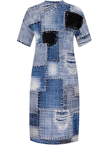 Image of SUZONANA Plus Size Denim Print Maxi Dresses for Women Casual V Neck Short Sleeve with Pockets Soft Jean Look Dress XL-6XL