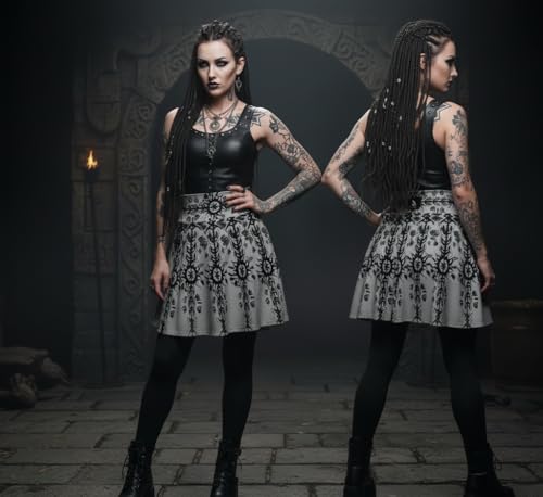 Pale Raven Official Women's Skater Skirt, Large, Grey, 95% Polyester 5% Spandex, Casual, Sun and Moon Hand Sketched Pattern, 15.24 Inch Length2