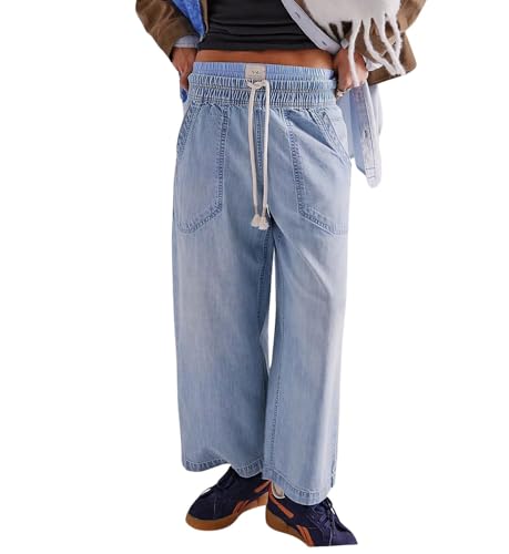 chouyatou Women's Drawstring Waist Barrel Jeans Boyfriend Baggy Loose Jeans Wide Leg Capri Denim Pants with Pockets